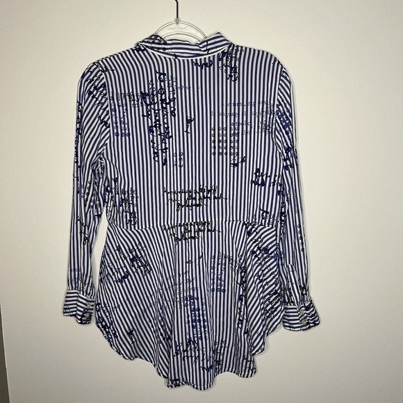 Chicos Womens Top Blue Stripe Graphic Print Hi Low Peplum Size Medium 1 Blouse - Picture 11 of 13